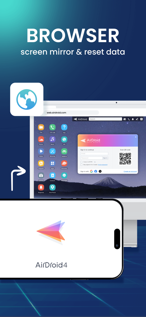 AirDroid web browser interface showing screen mirroring and remote device management features