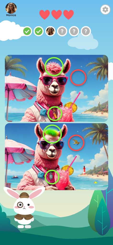 A casual puzzle screen from Spot the Differences XXL showing two similar images of a pink llama at a beach with circled differences and a detective rabbit guide.