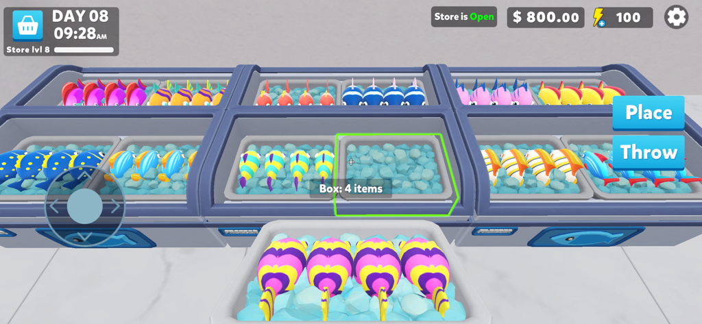 Dreamy Town - Peces de colores expuestos en un entorno de tienda minorista dentro del juego móvil Dreamy Town