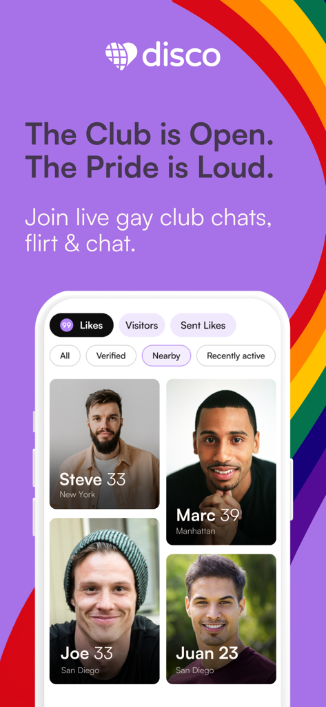 Interface do aplicativo de namoro gay Disco mostrando cartões de perfil de vários homens com nomes e locais