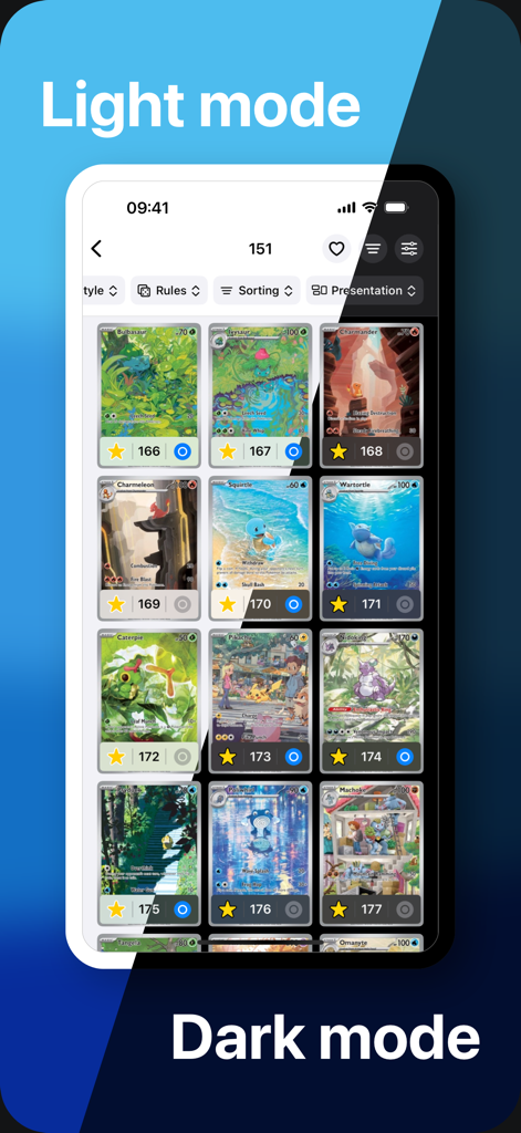 ProDex TCG - Card Tracker - ProDex TCG app interface showing a Pokemon card collection in both light and dark modes