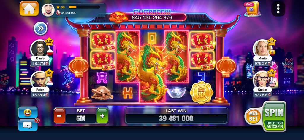 Une machine à sous sur le thème du dragon dans Huuuge Casino montrant un gain massif de jackpot de plusieurs milliards de pièces avec des profils de joueurs sociaux affichés sur les côtés.