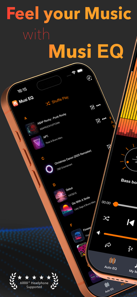 Musi EQ Player - Auto Music EQ - Musi EQ Player app showing music library and audio equalizer controls on a smartphone