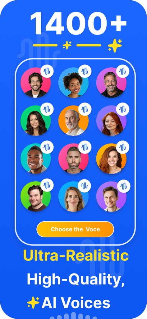 AI Voice TTS – Text to Speech - Die Benutzeroberfläche zeigt eine Auswahl von über 1400 ultra-realistischen KI-Stimmen für Text-to-Speech