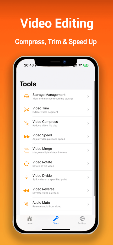 iRecordScreen: Screen Recorder - iRecordScreenのモバイルアプリインターフェースに、トリミング、圧縮、速度変更、結合などのさまざまなビデオ編集ツールが表示されています
