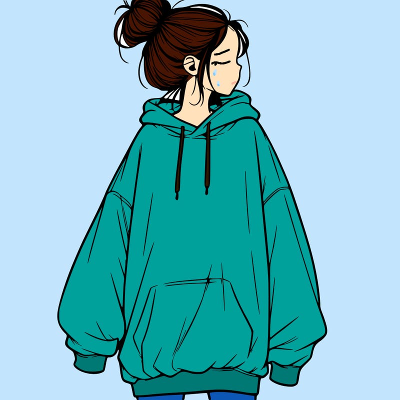 realistic girl with a oversized sweatshirt on and a bun