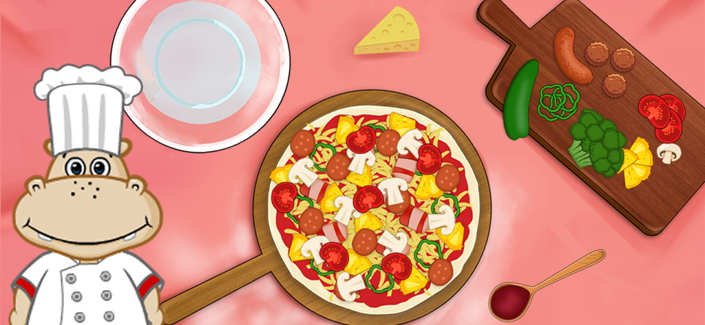 Joyland - Toddler ABC Games - Um chef hipopótamo de desenho animado preparando uma pizza de vegetais com vários ingredientes no aplicativo para crianças pequenas Joyland.