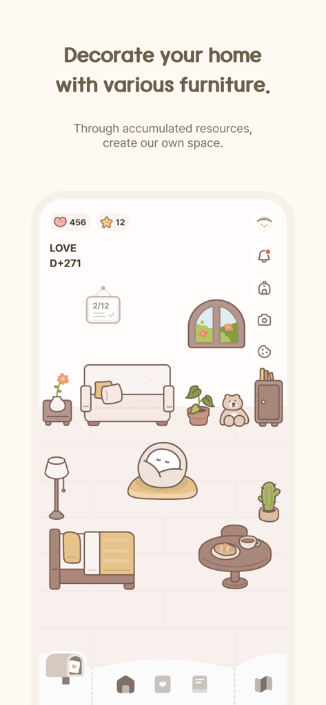 MindBridge - Mind Q&A, Diary - Interfaz de la app MindBridge para decorar un hogar virtual con acogedores muebles