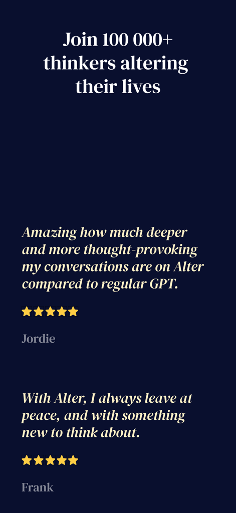 Alter・Daily Philosophy Journal - User reviews and testimonials for the Alter philosophical journaling app showing high ratings and positive feedback.