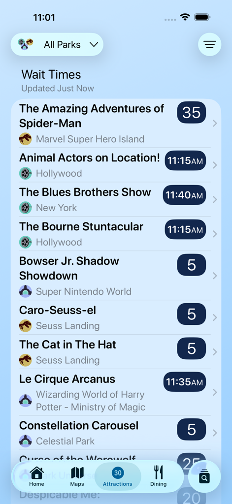 Magic Guide: Universal Orlando - Pantalla de la aplicación móvil que muestra una lista de atracciones con sus tiempos de espera actuales y horarios de espectáculos programados para Universal Orlando.
