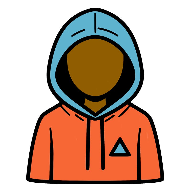 a person with non face waering a hoodie with a small triangle symbol