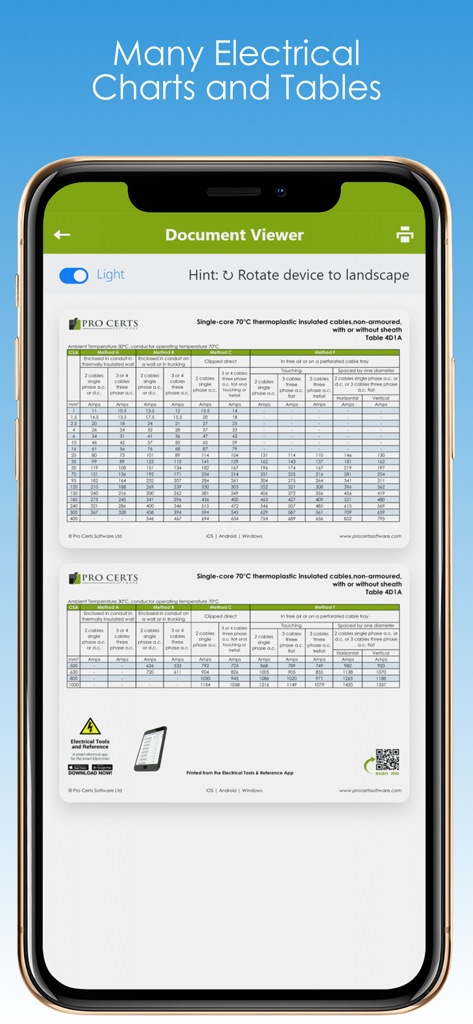 ドキュメントビューア内の技術的な電気ケーブル定格表を表示するスマートフォン画面