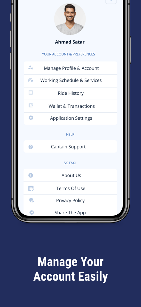 Yalla SK Captain - The driver account and preferences screen of the Yalla SK Captain app showing settings for profile ride history and wallet transactions.