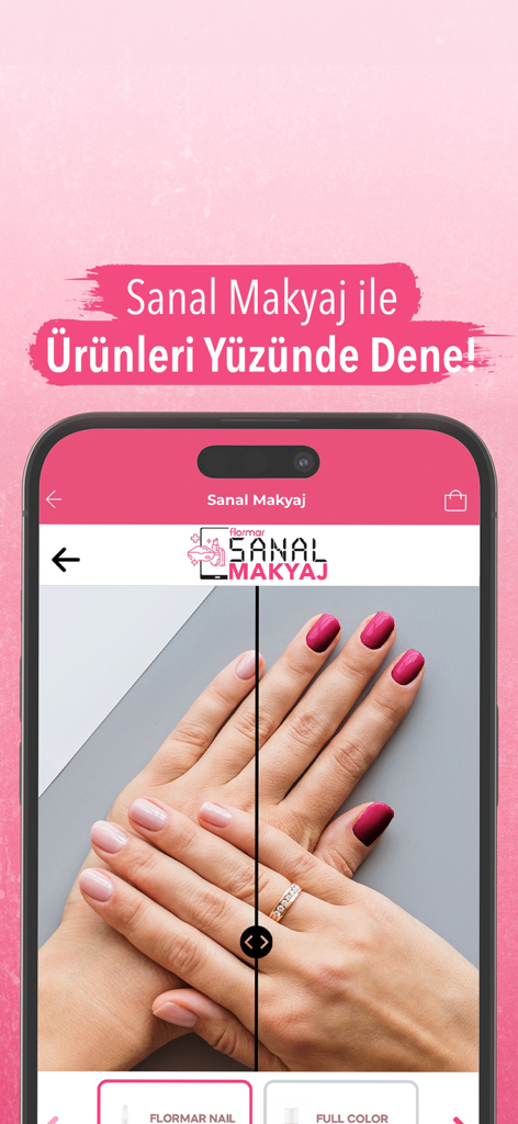 Flormar | Makyaj, Kozmetik - Flormar app virtual try on feature showing a split screen comparison of two different nail polish colors on a hand