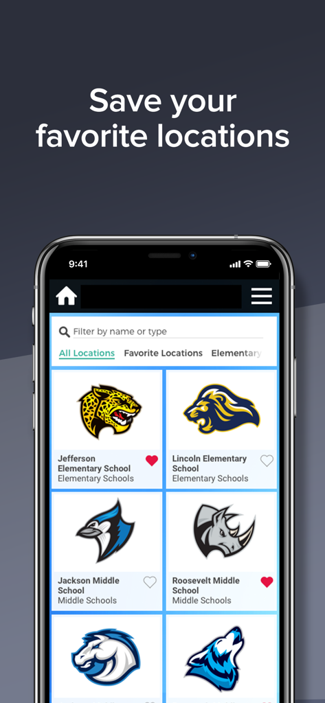Smartphone screen displaying the favorite school locations list in the FlikISDining app