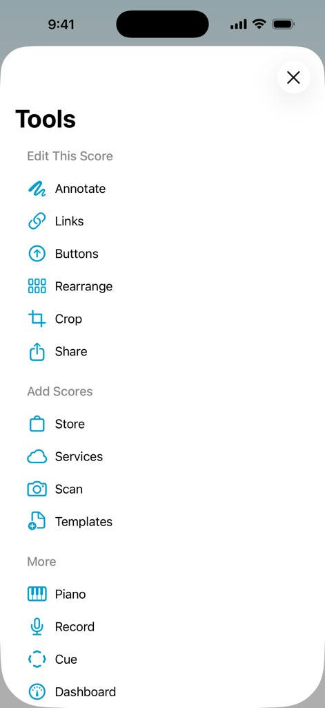 forScore - A menu in the forScore app showing tools like annotate, links, buttons, and piano