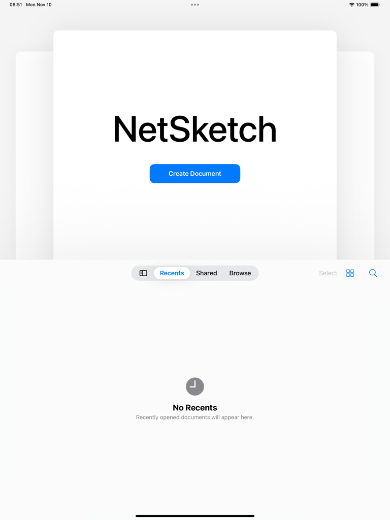 NetSketch - iPad上のNetSketchネットワーク図アプリのウェルカムスクリーン、「ドキュメントを作成」ボタンが表示されています