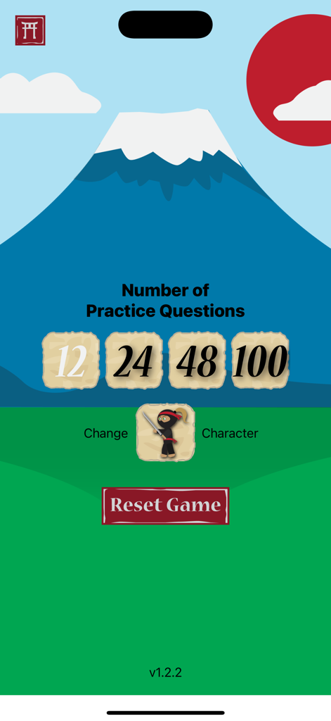 Math Facts Ninja - Math Games - Screen to select the number of math practice questions and change the ninja character.