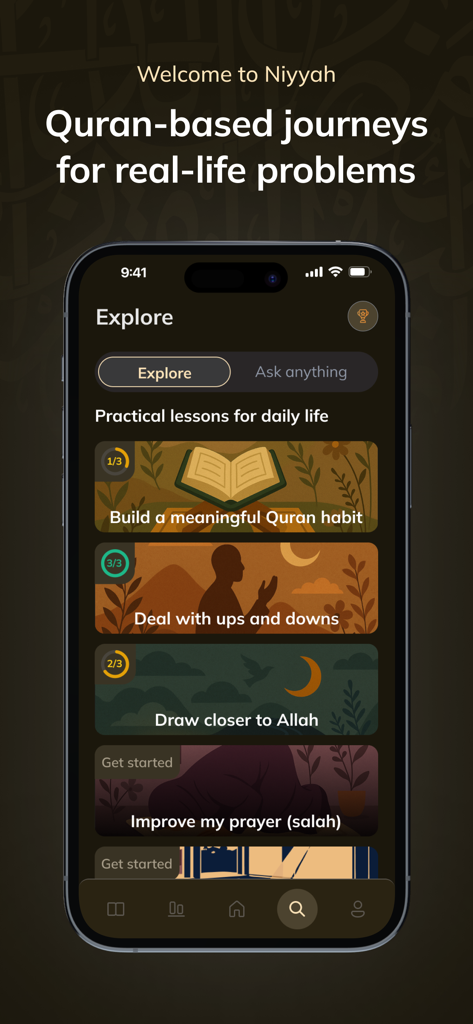 Niyyah | MuslimGPT Companion - The Explore screen of the Niyyah app showing Quran-based journeys and practical lessons for daily life.
