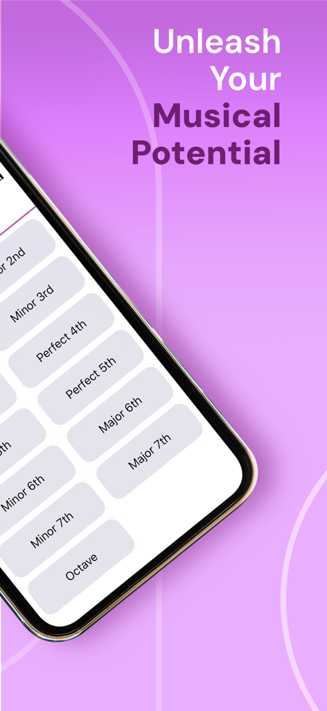 Earpeggio - Earpeggio app screen showing musical interval training options like minor 3rd and perfect 4th with the title Unleash Your Musical Potential
