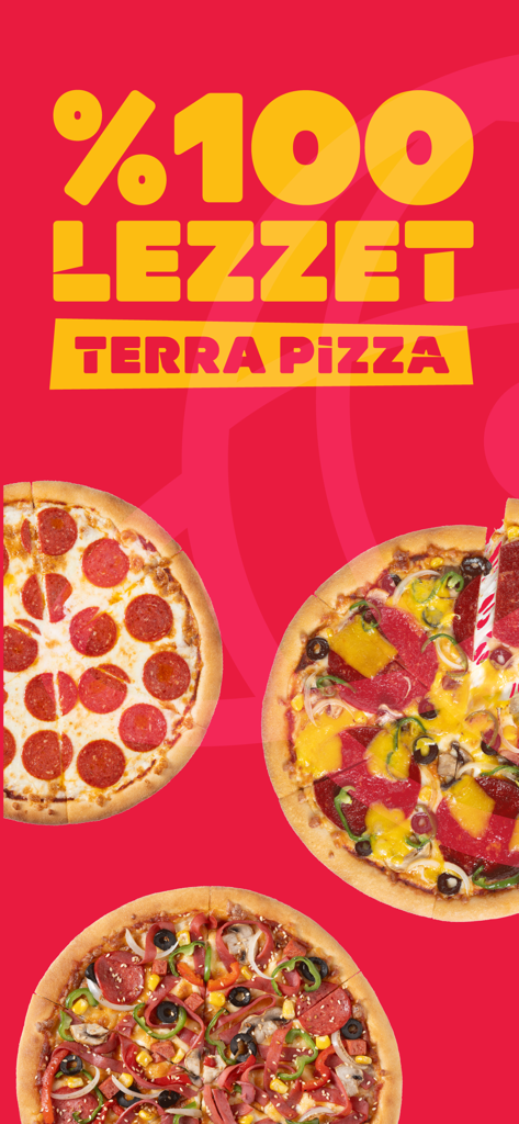Terra Pizza - Terra Pizzaのプロモーショングラフィック。赤い背景に3枚のピザが写っており、100パーセントの風味というテキストが付いています。