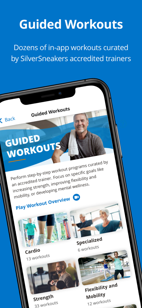 SilverSneakers GO app screen showing guided workout categories for seniors including cardio strength and flexibility