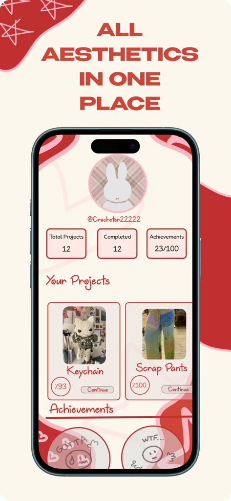 Yumak - Crochet & Knitting - Interfaz del perfil de usuario de la aplicación Yumak que muestra proyectos y logros de ganchillo.