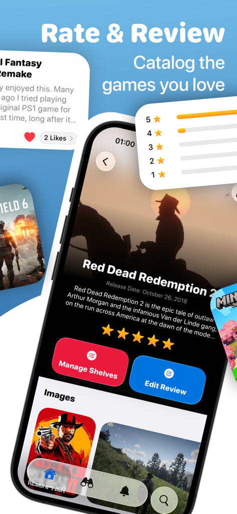 GameBox: Game Collection Log - Mobile screen showing game ratings and reviews in the GameBox app