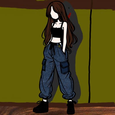 girl in baggy pants crop top and long hair