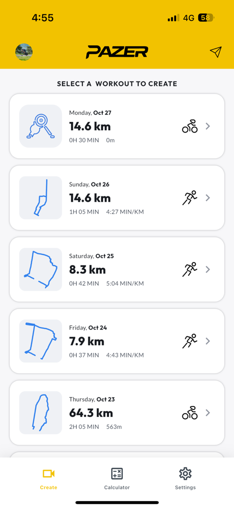 Pazer app interface showing a list of recent running and cycling workouts ready for video creation.