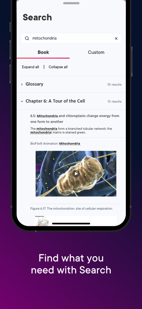 Pearson+ | Study Prep & eTexts - Interfaz de búsqueda de la aplicación Pearson plus que muestra resultados de contenido educativo para mitocondrias, incluyendo texto y video