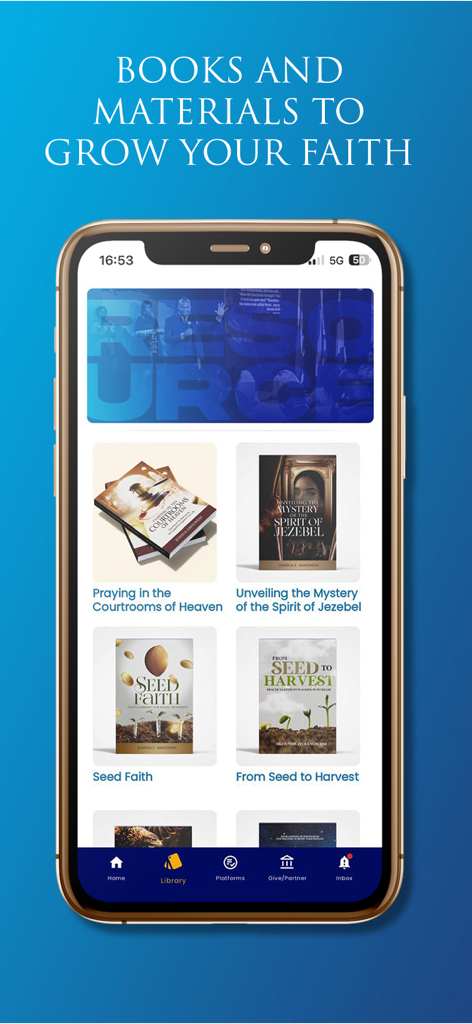 A library screen in the Joshua Sangweni app showing spiritual books and materials to grow faith
