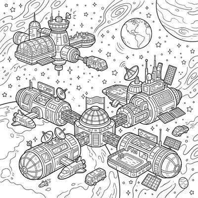 Explore the wonders of futuristic space tourism with this intricate coloring page featuring commercial space hotels. Unleash your imagination to bring these orbiting resorts, complete with amenities like gardens and pools, to vibrant life.