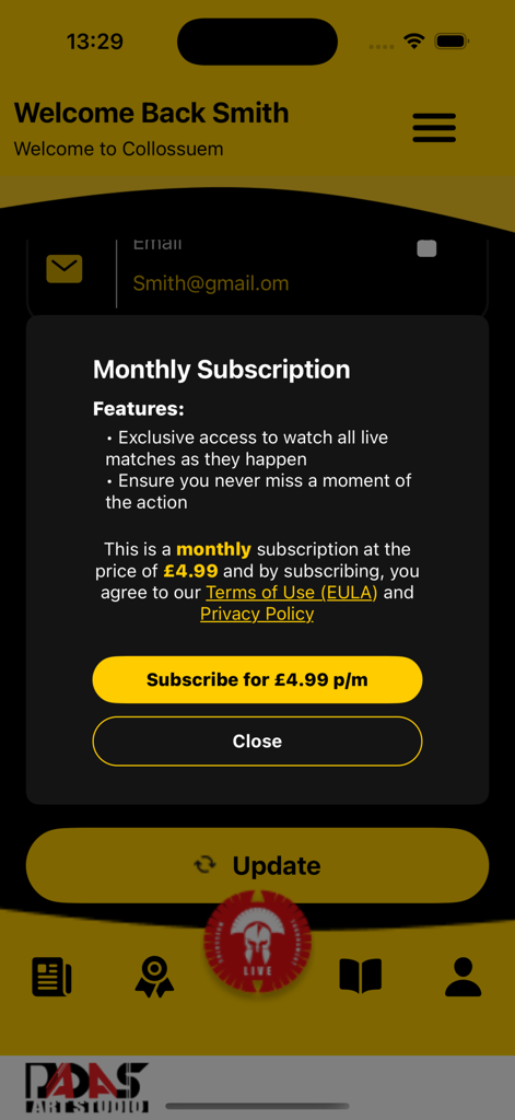 A screenshot of the Colosseum Kickboxing Live app showing a monthly subscription pop-up for 4.99 GBP with access to live matches.