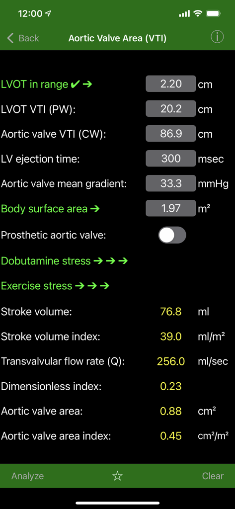 EchoLabアプリインターフェイス、大動脈弁面積VTI計算と結果を表示