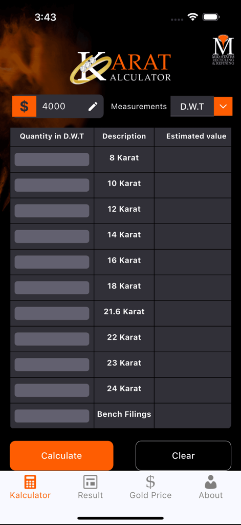 Karat Kalculator screen for scrap gold weight input
