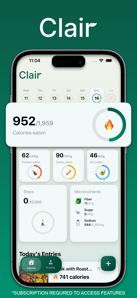 Panel de la aplicación Clair AI Calorie Tracker que muestra anillos de progreso para la ingesta diaria de calorías, proteínas, carbohidratos y grasas.