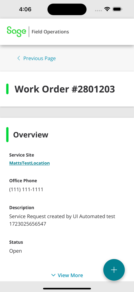 Sage Field Operations - Sage Field Operations app work order overview screen showing service site details and status