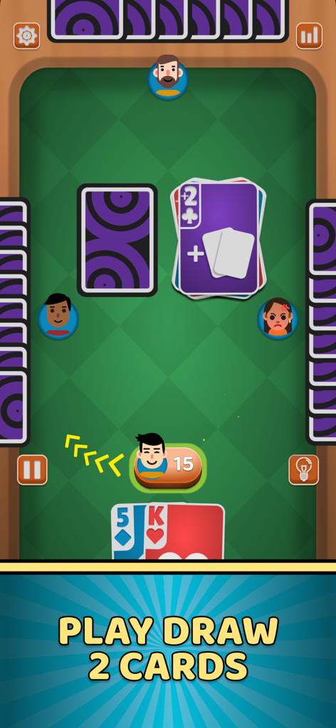 Crazy 8: Card game - Pantalla de juego del juego de cartas Crazy 8 que muestra una acción de carta de robar dos