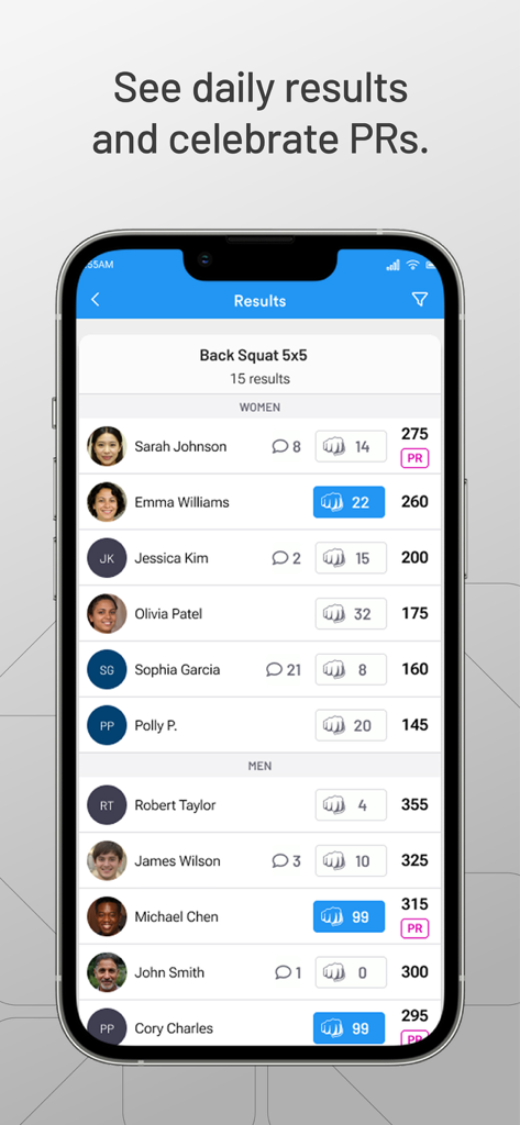 SugarWOD - SugarWOD app leaderboard showing daily workout results, fist bumps, and personal records