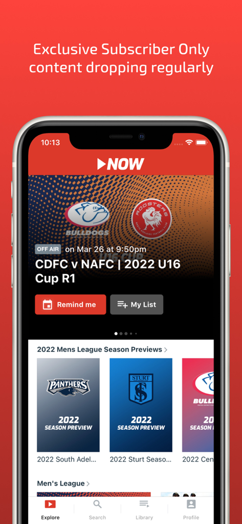 SANFL Now app interface showing exclusive Australian rules football streaming content and upcoming match previews