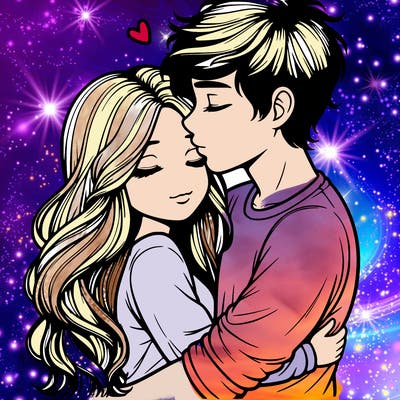 a realistic couple boy and girl hugging and kissing