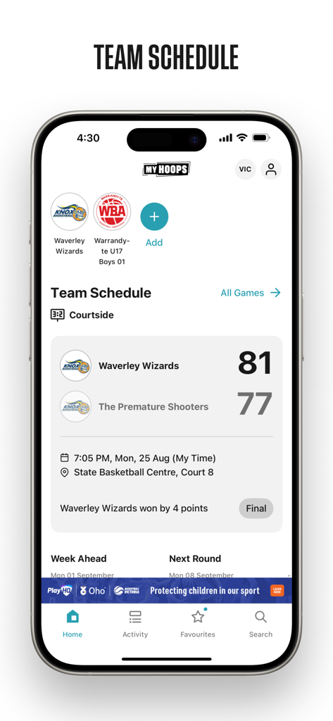 MyHoops - モバイルアプリ画面には、コミュニティリーグのバスケットボールチームのスケジュールと試合結果が表示されています
