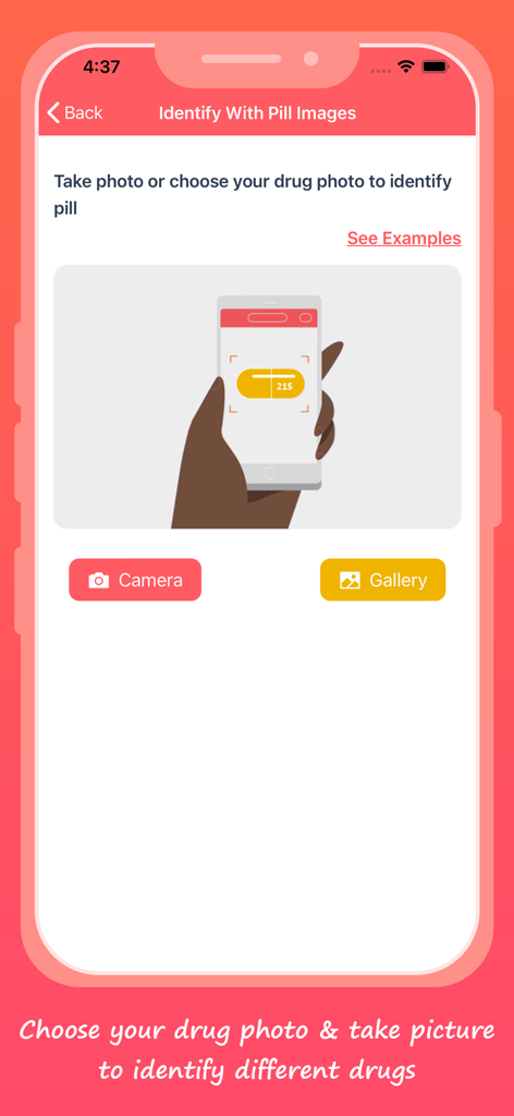 Pill Identification - Pro - Interface of the Pill Identification Pro app showing options to identify a drug by taking a photo or selecting one from the gallery.