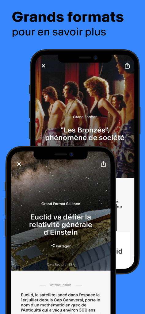 RTS Info : Toute l’actualité - Telas de celular mostrando o aplicativo RTS Info com artigos de formato longo sobre temas culturais e científicos.