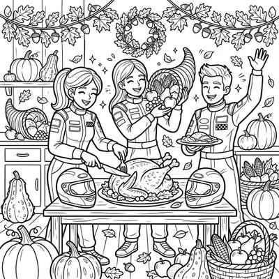 Get ready for a unique holiday celebration with our Motor Racers Thanksgiving coloring page! This exciting scene combines the thrill of the race track with the warmth of a festive harvest feast, perfect for coloring enthusiasts of all ages.