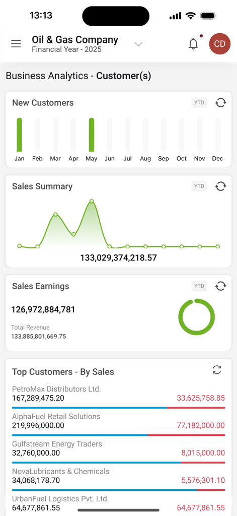 FINAS (Financial Accounting) - FINAS app business analytics dashboard showing sales summary and customer reporting charts