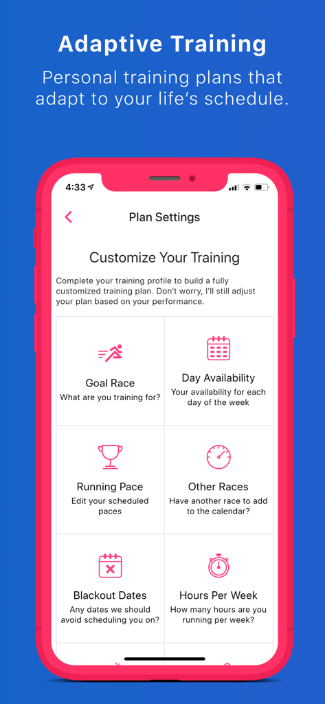 Run With Hal - Run With Hal app interface showing options to customize personal training plans including goal race and schedule flexibility.