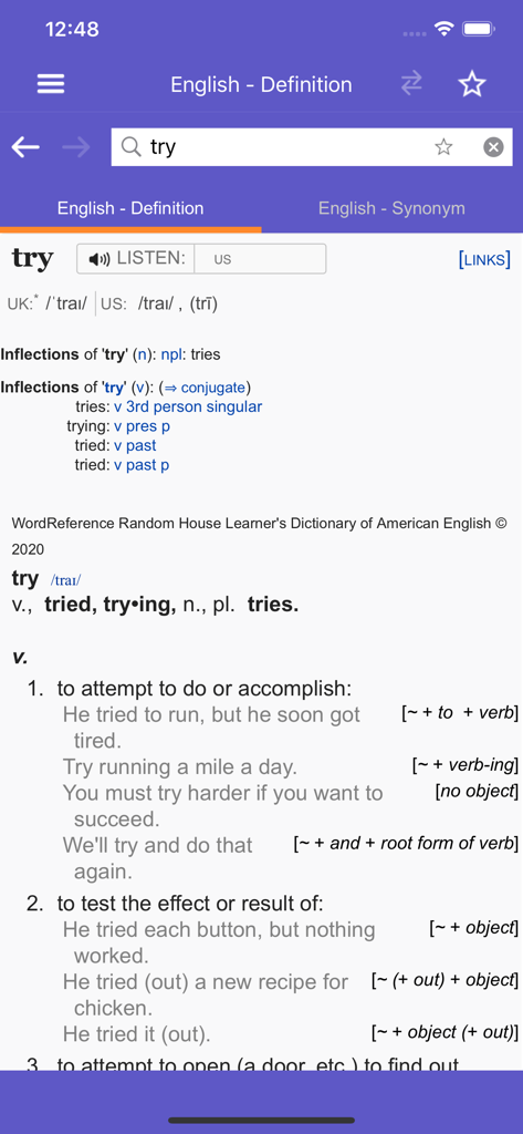 WordReference app interface showing the English definition and inflections for the word try