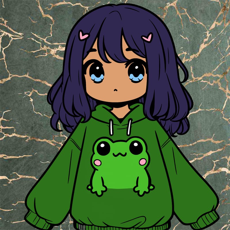 girl wearing frogging sweatshirt